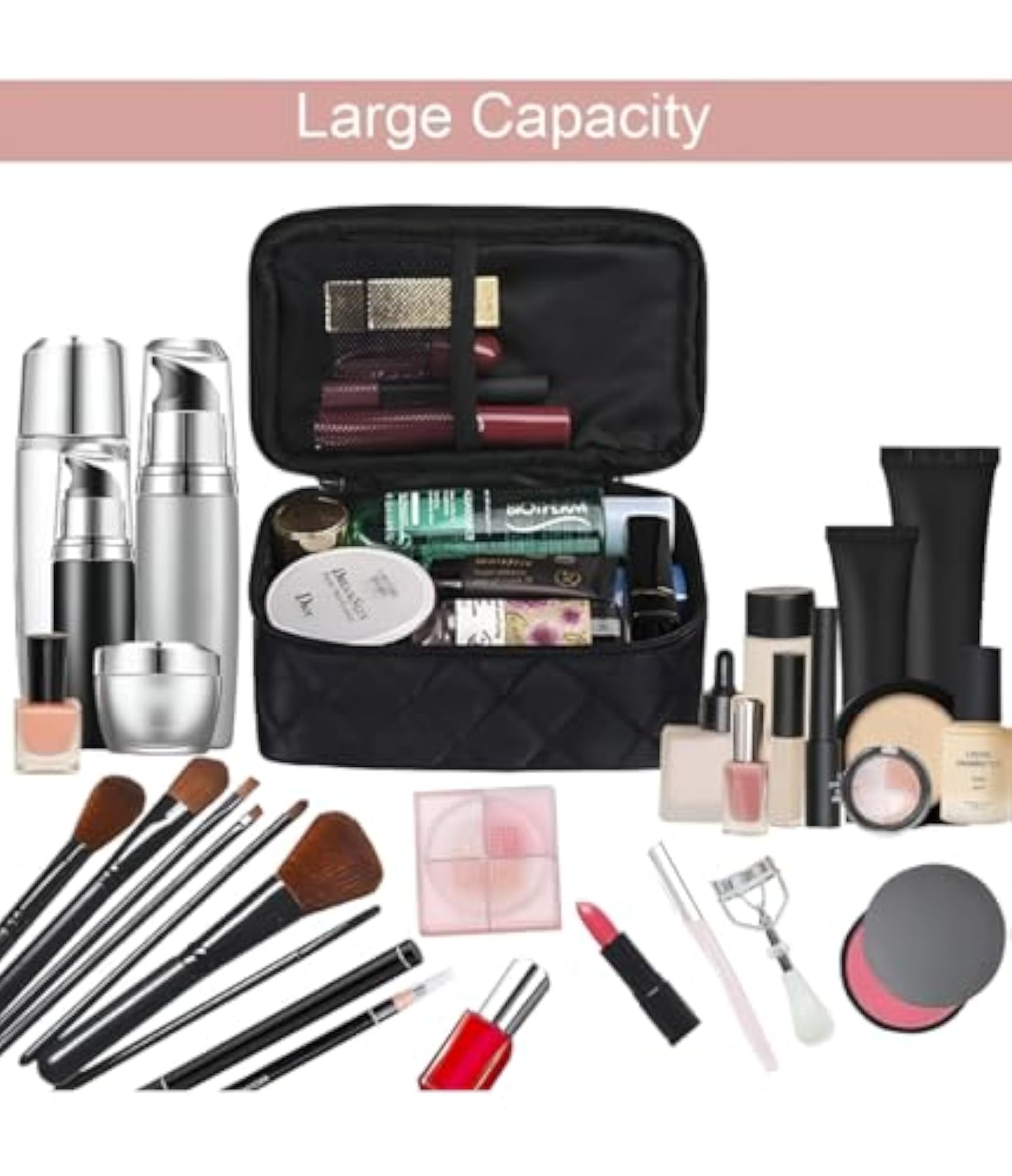 Travel Makeup Bag with Mirror, Waterproof Leather Cosmetic Organizer